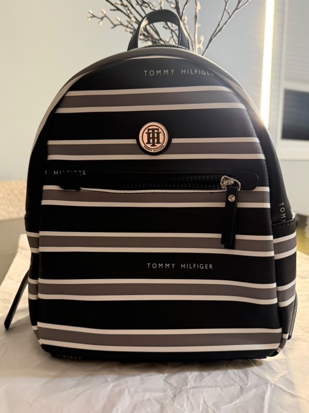 Tommy Hilfiger Black, White and Gray Striped Mini Backpack